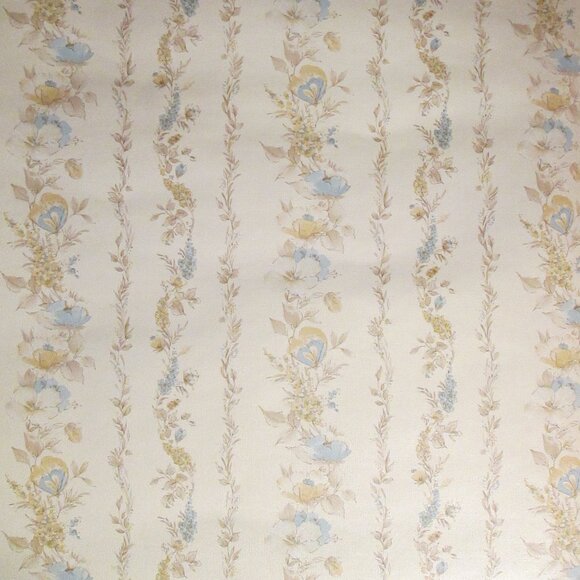 Vintage 1980s Blue and Beige Floral Stripe Wallpaper - Picture 3 of 9